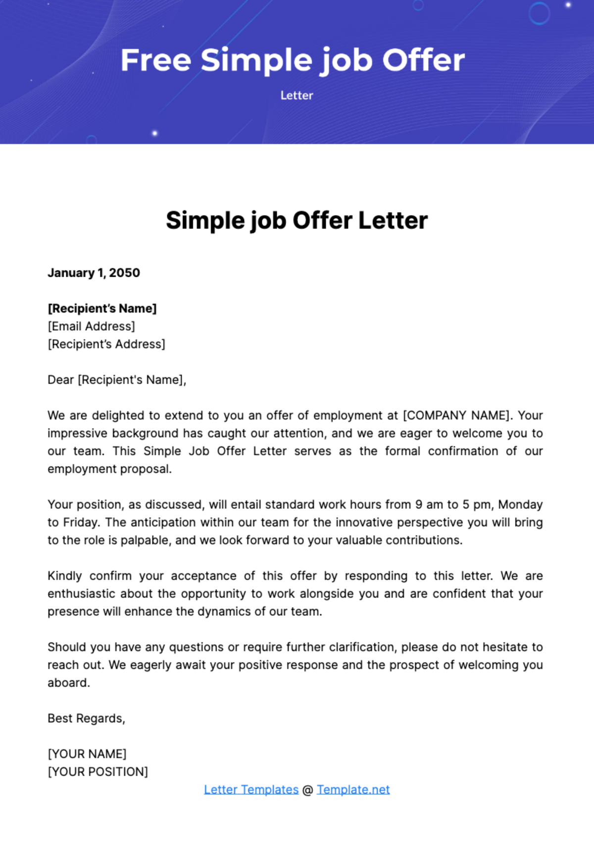 Free Simple job Offer Letter Template