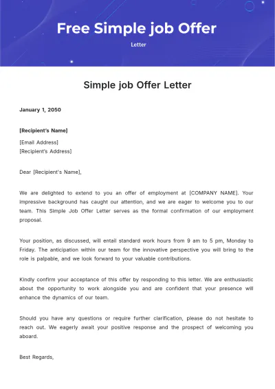 Free Simple job Offer Letter Template to Edit Online