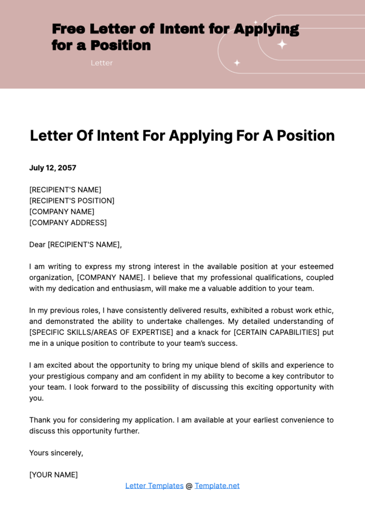 Letter of Intent for Applying for a Position Template