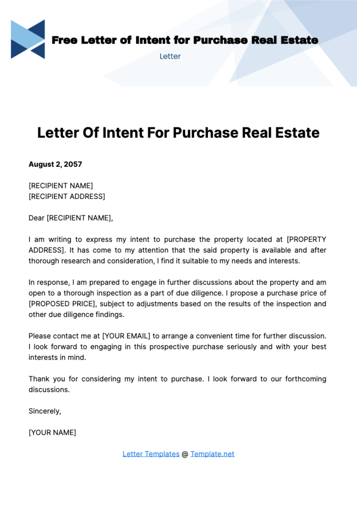 Free Letter of Intent for Purchase Real Estate Template