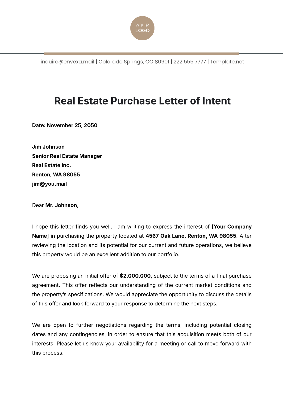 Real Estate Purchase Letter of Intent Template - Edit Online & Download