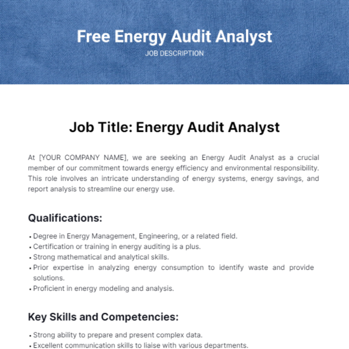 Free Energy Audit Analyst Job Description Template