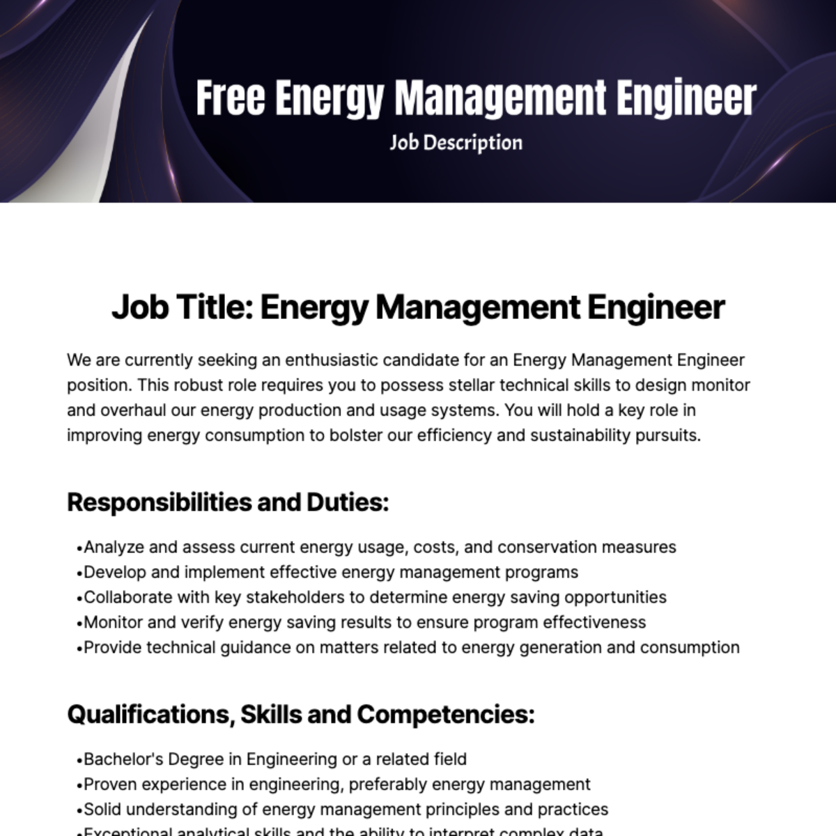 Free Energy Management Engineer Job Description Template