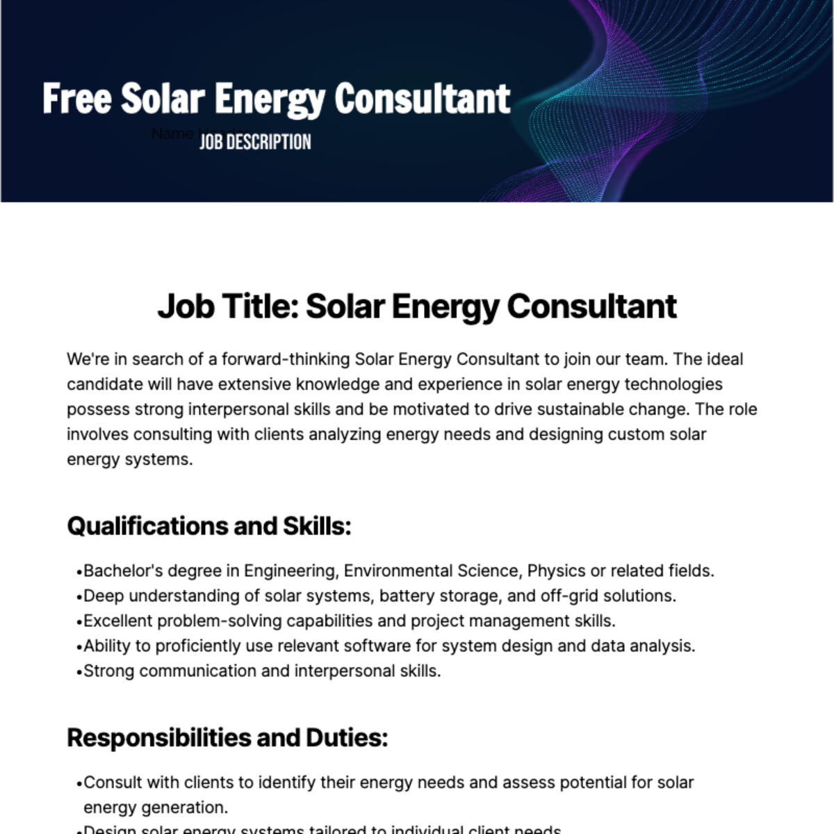Free Solar Energy Consultant Job Description Template
