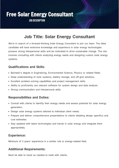 Free Solar Energy Consultant Job Description Template to Edit Online