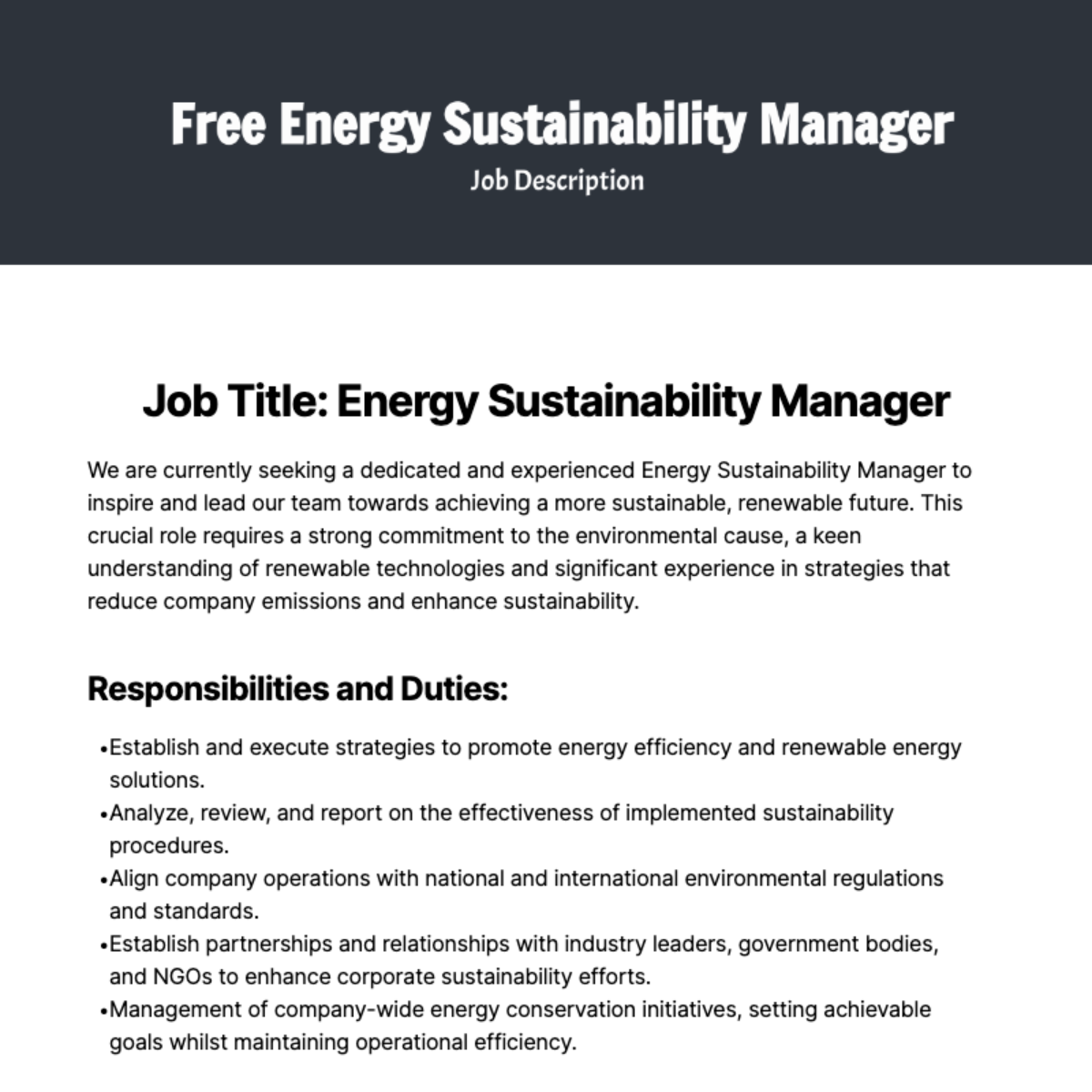 Free Energy Sustainability Manager Job Description Template