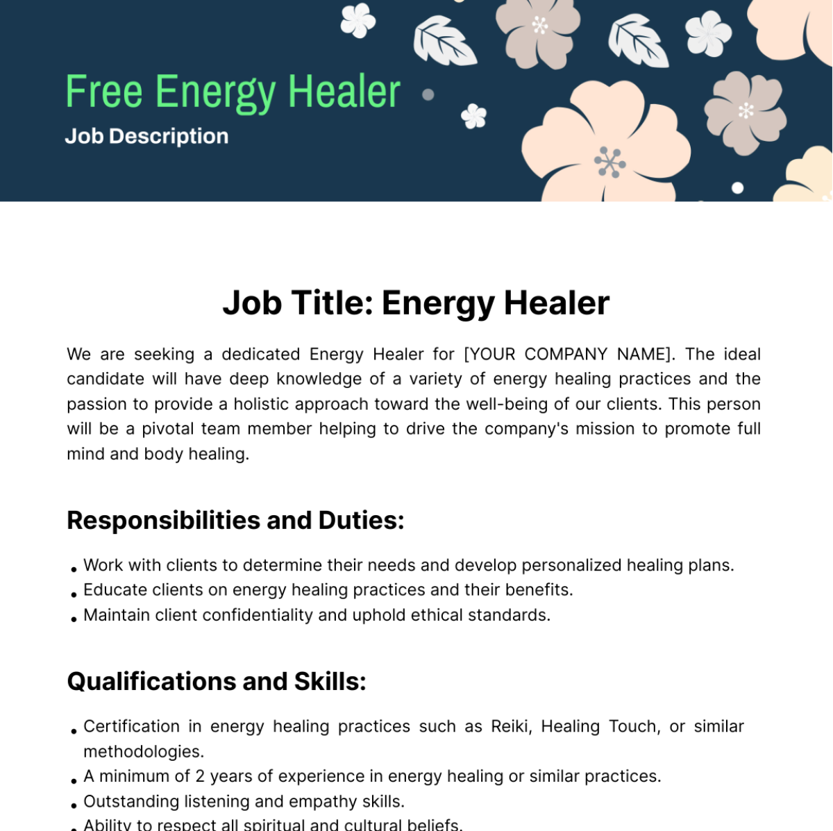 Free Energy Healer Job Description Template