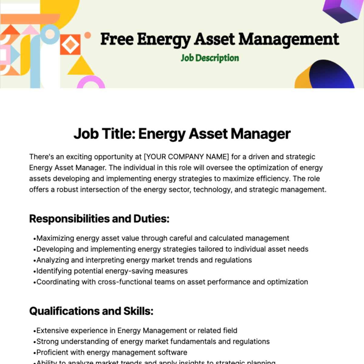 Free Energy Asset Management Job Description Template