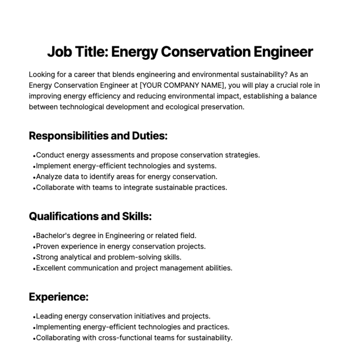Energy Conservation Engineer Job Description Template
