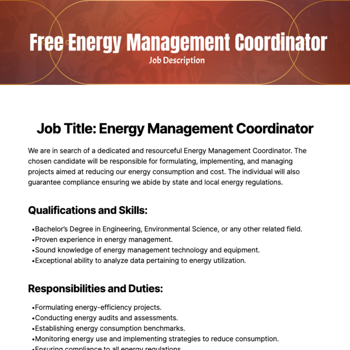Free Energy Management Coordinator Job Description Template