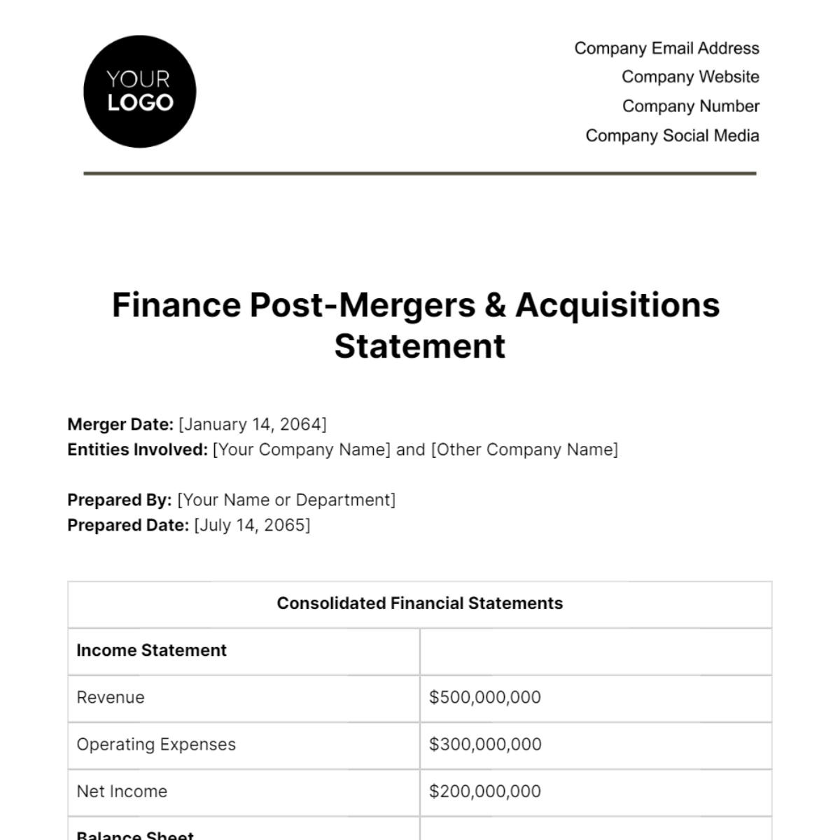 Finance Post-Mergers & Acquisitions Statement Template