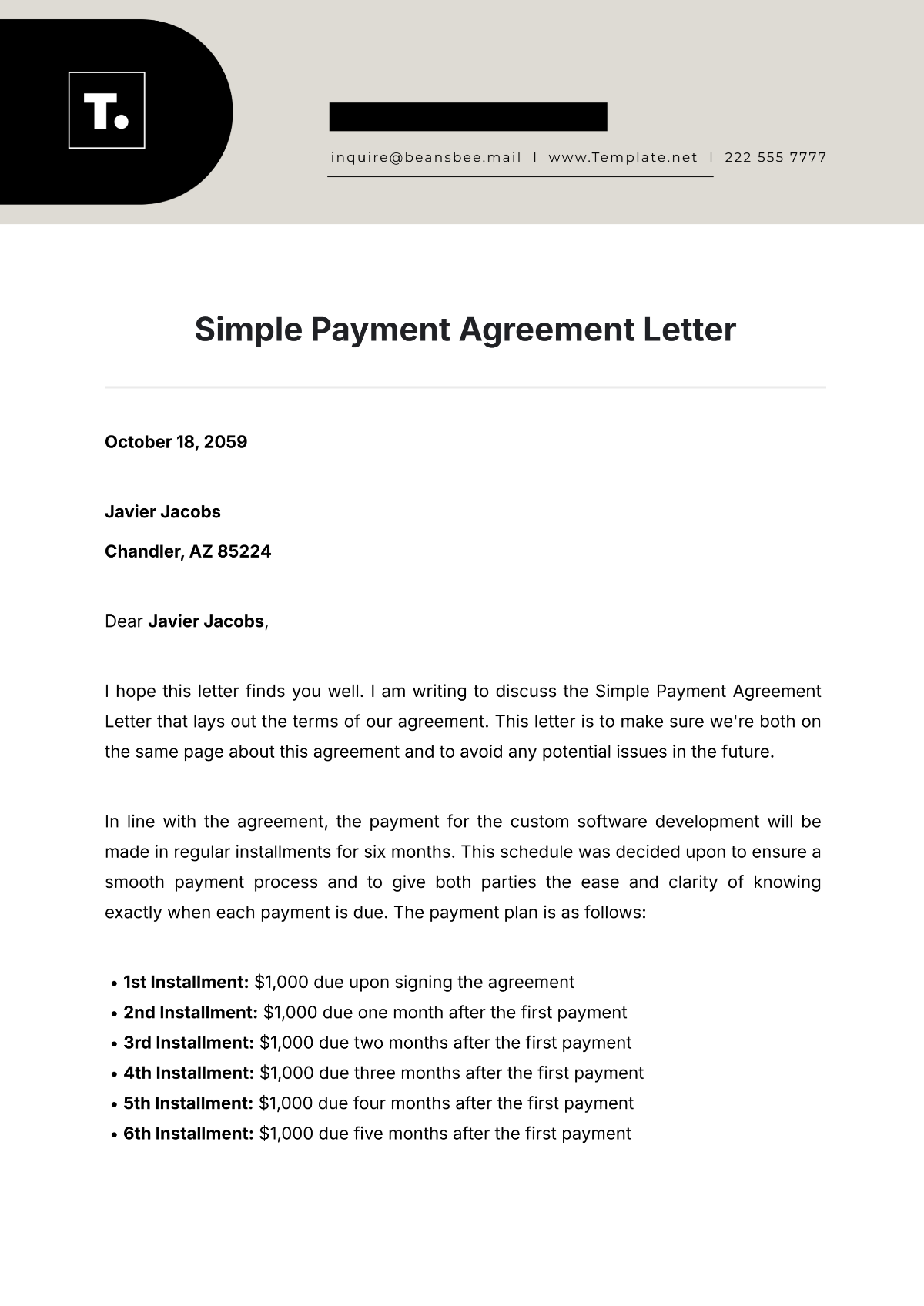 Free Payment Agreement Letter Template