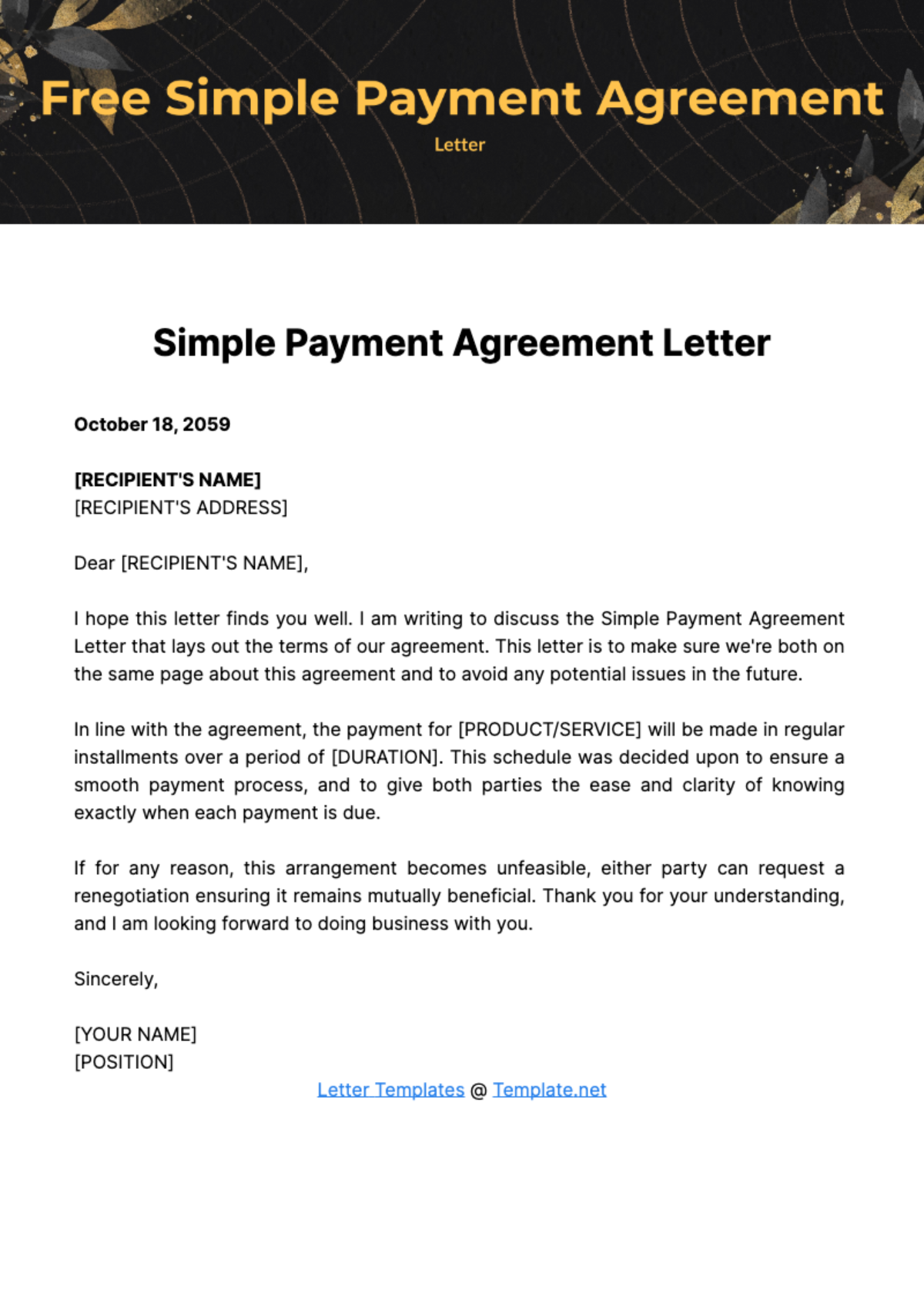 Free Simple Payment Agreement Letter Template