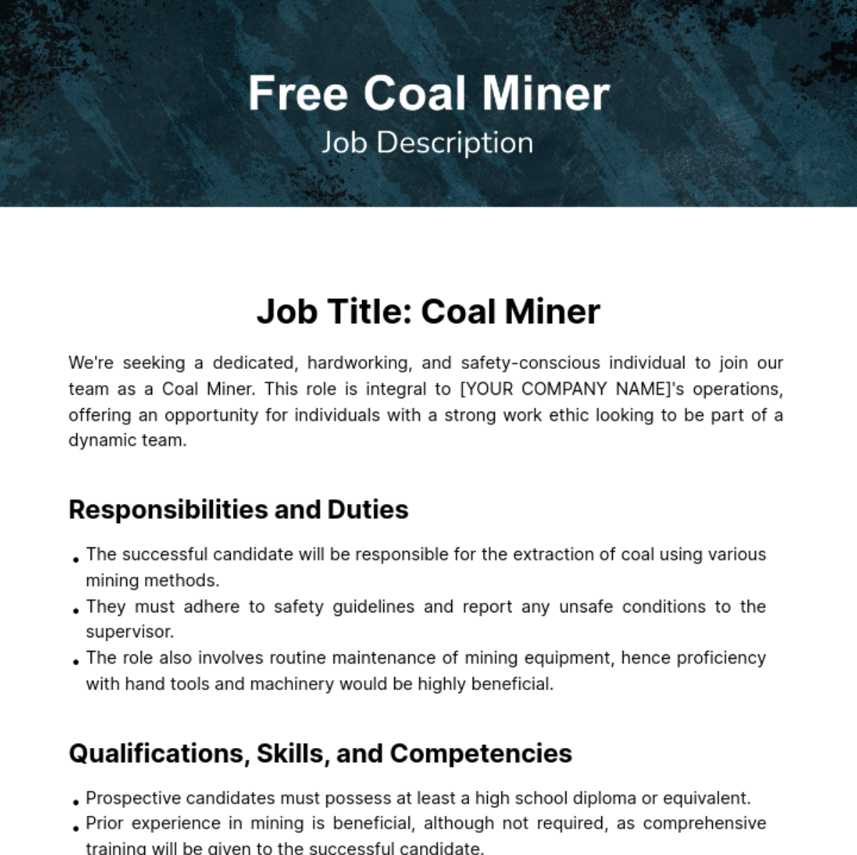 Free Coal Miner Job Description Template