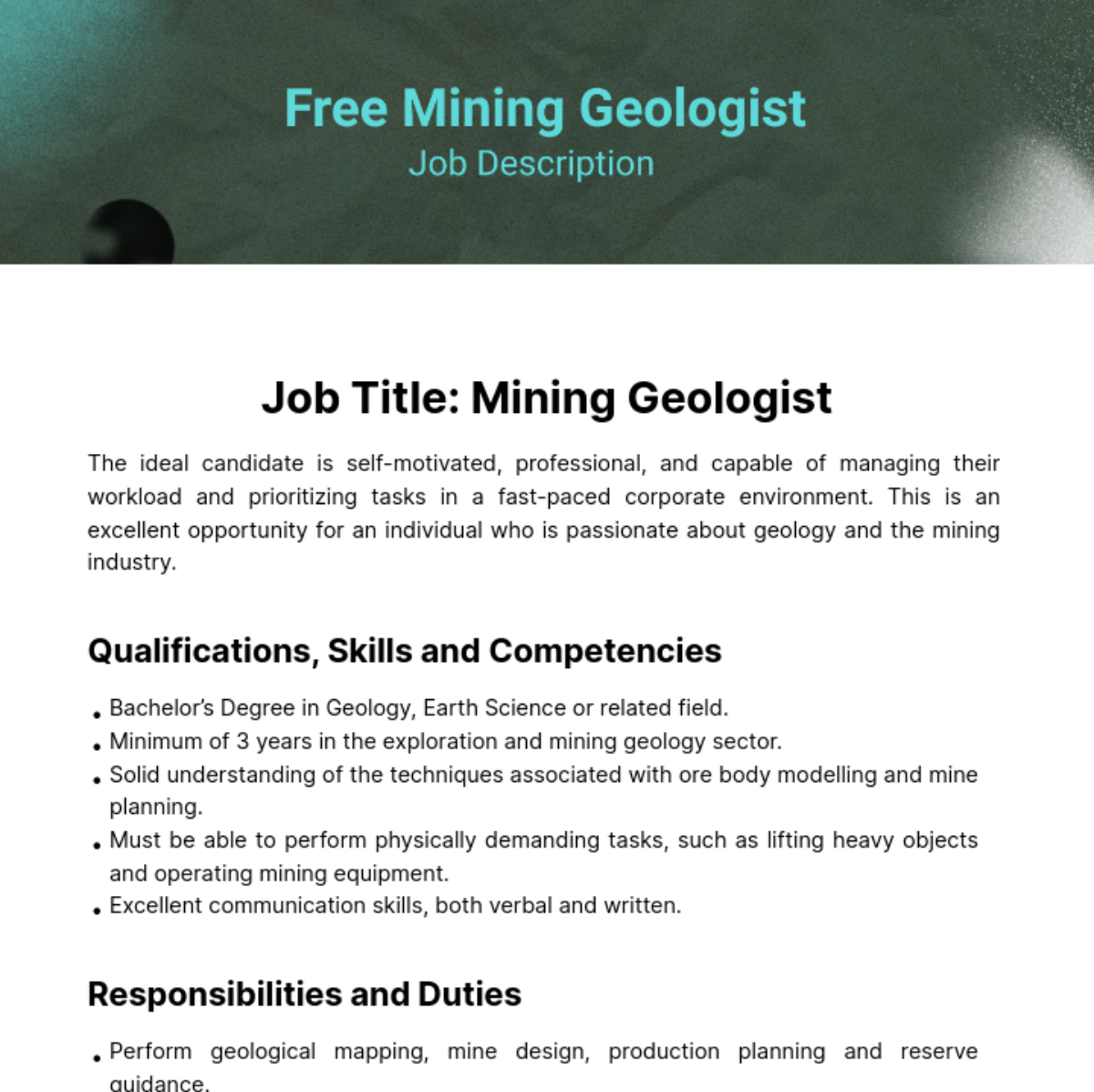 Free Mining Geologist Job Description Template