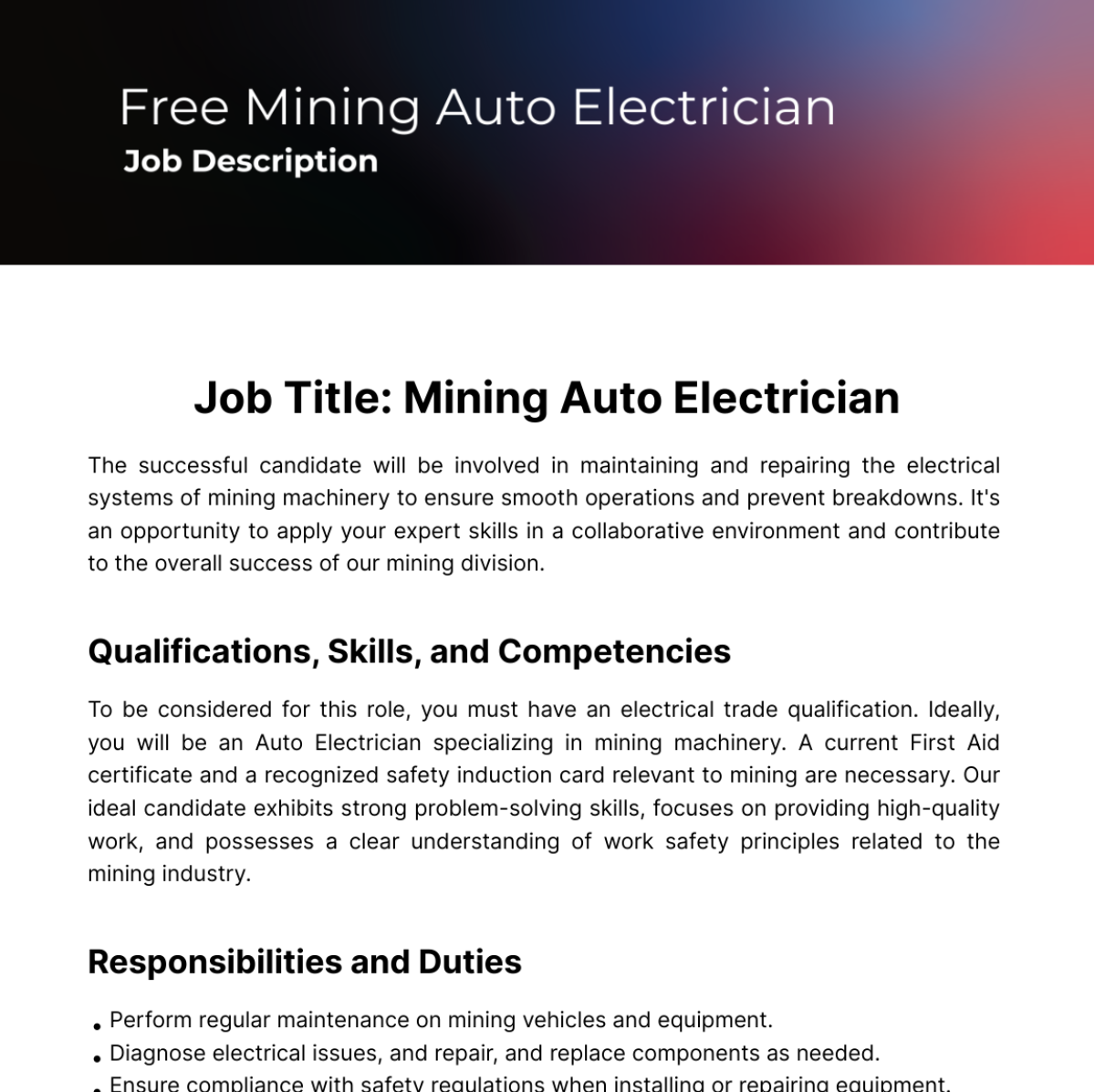 Free Mining Auto Electrician Job Description Template