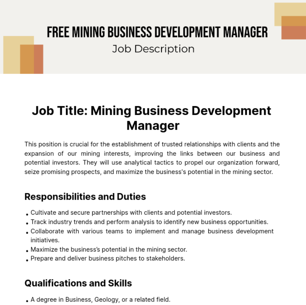 Free Mining Business Development Manager Job Description Template