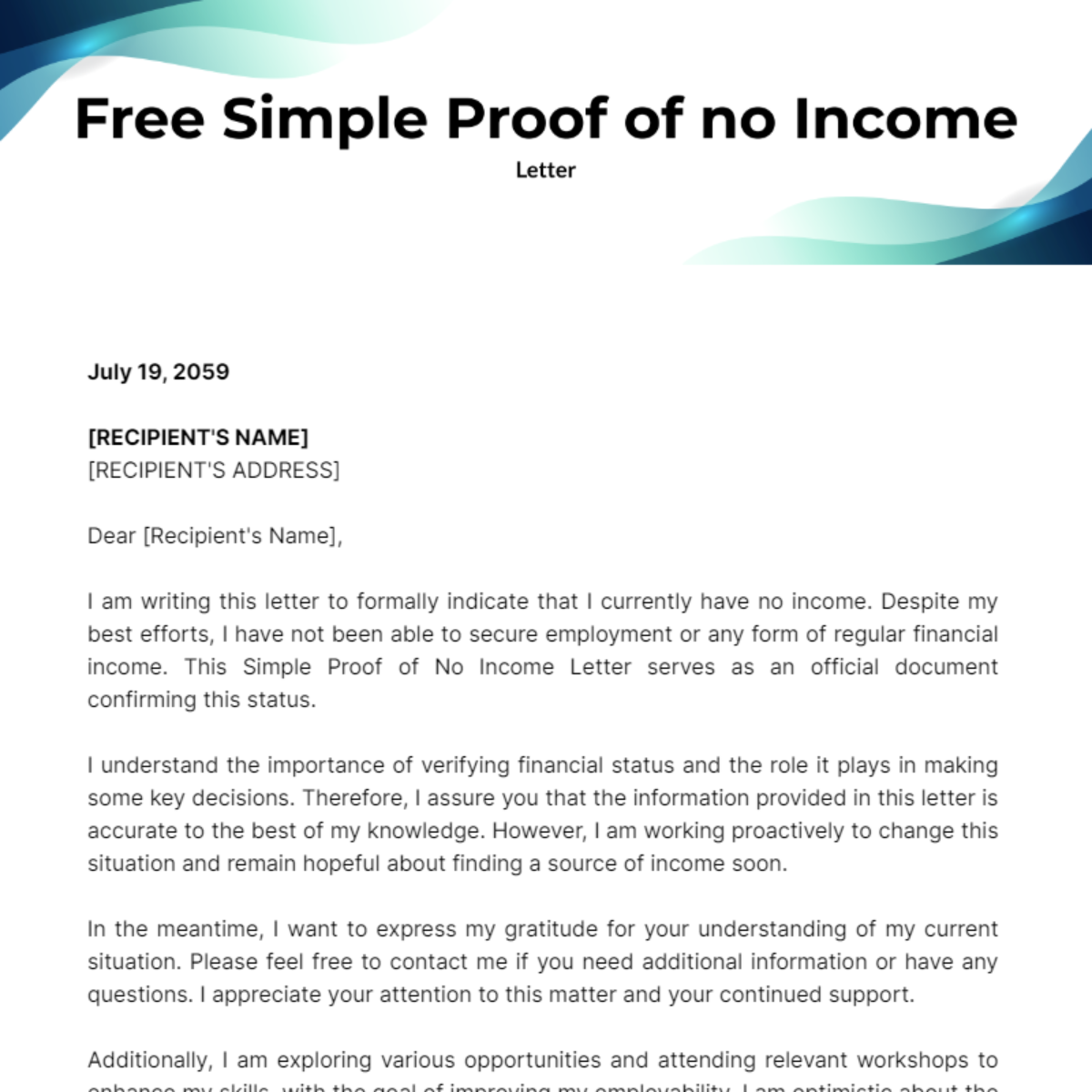 Simple Proof of no Income Letter Template