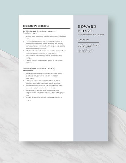 Certified Surgical Technologist Resume  Template