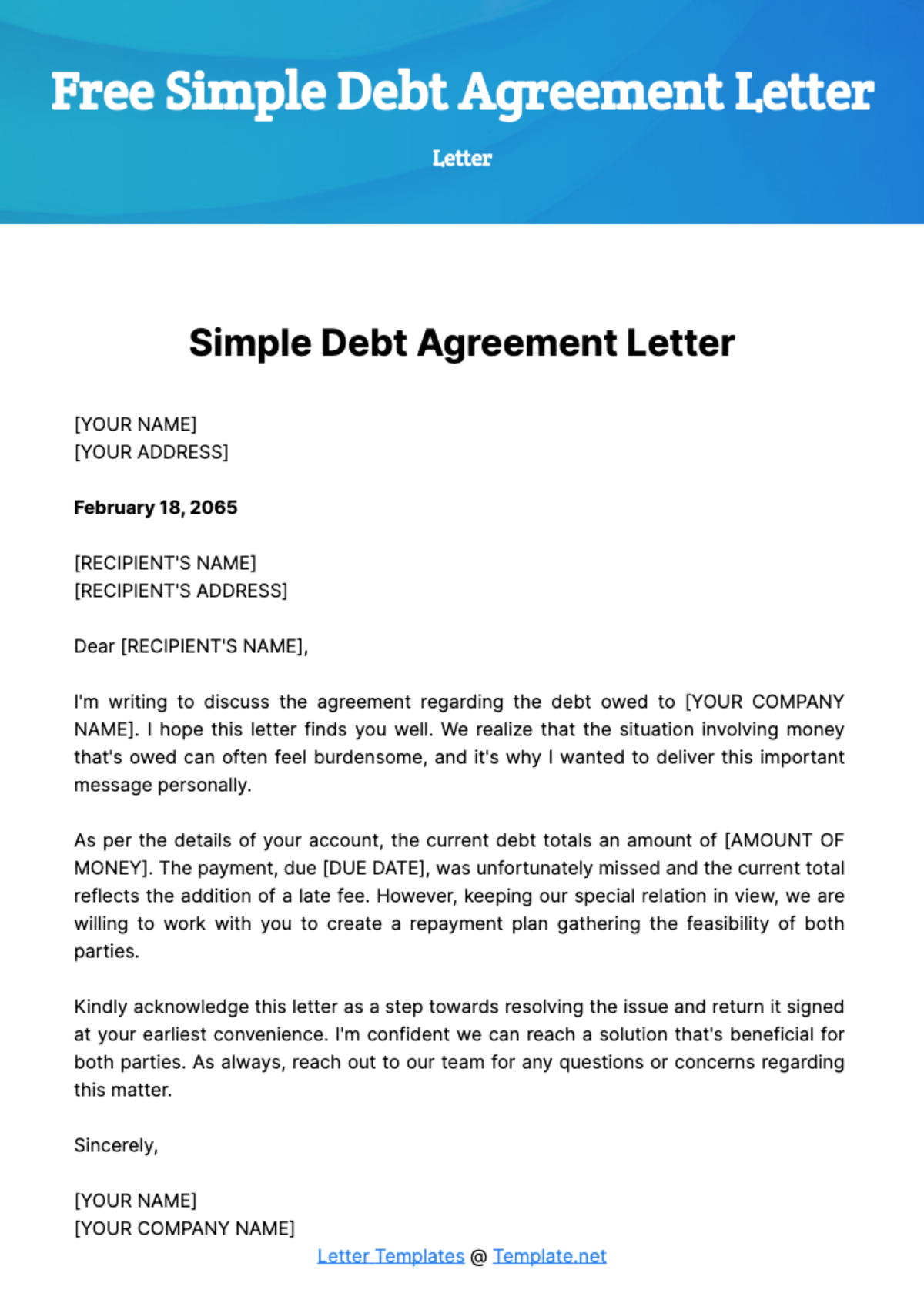 Free Simple Debt Agreement Letter Template
