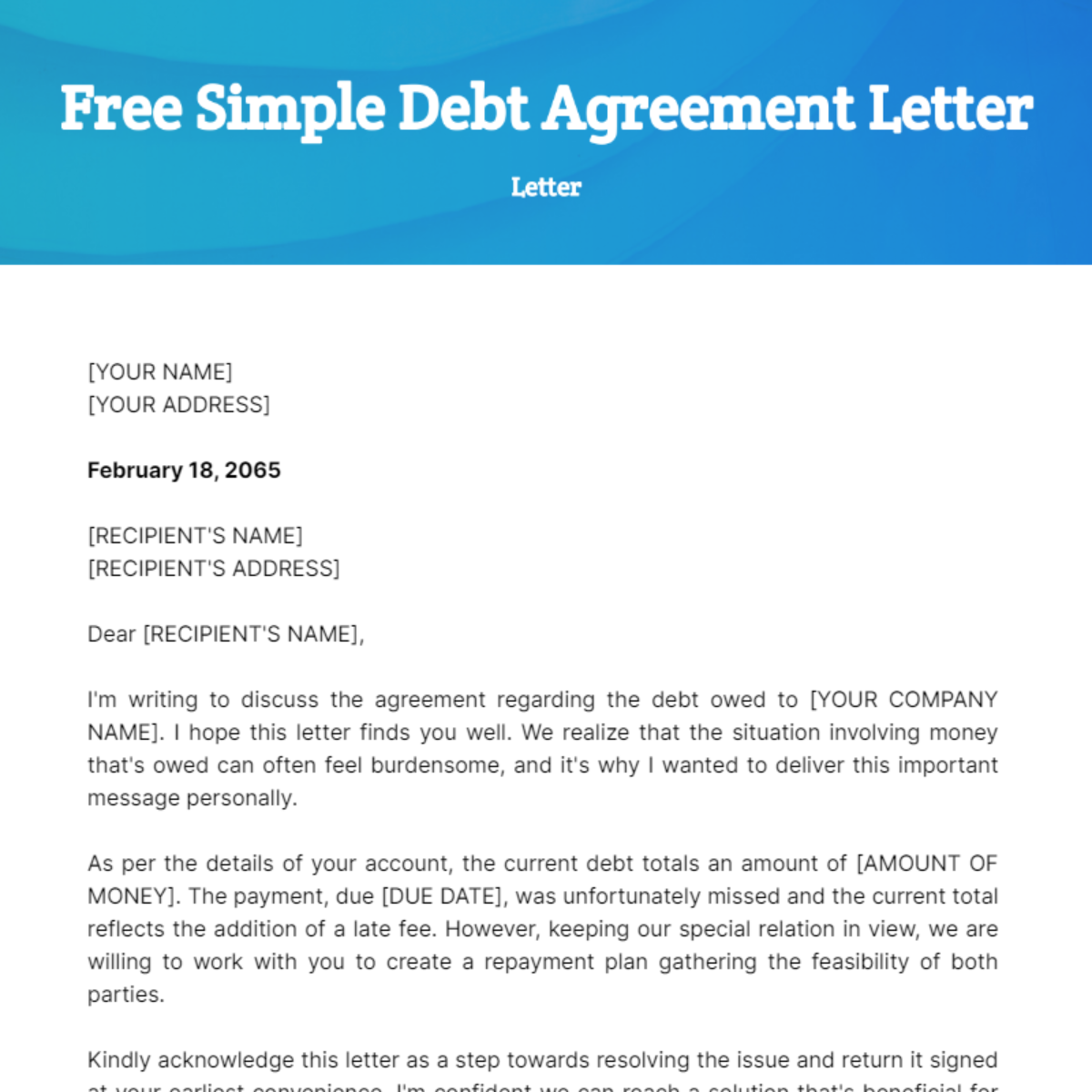 Simple Debt Agreement Letter Template