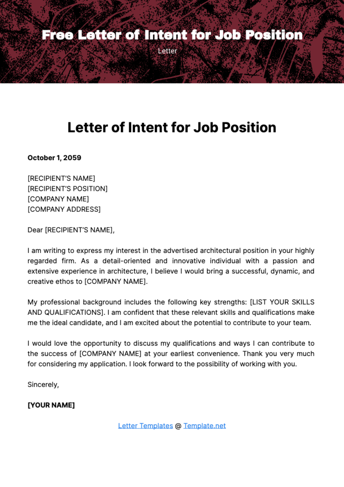 Free Letter of Intent for Job Position Template