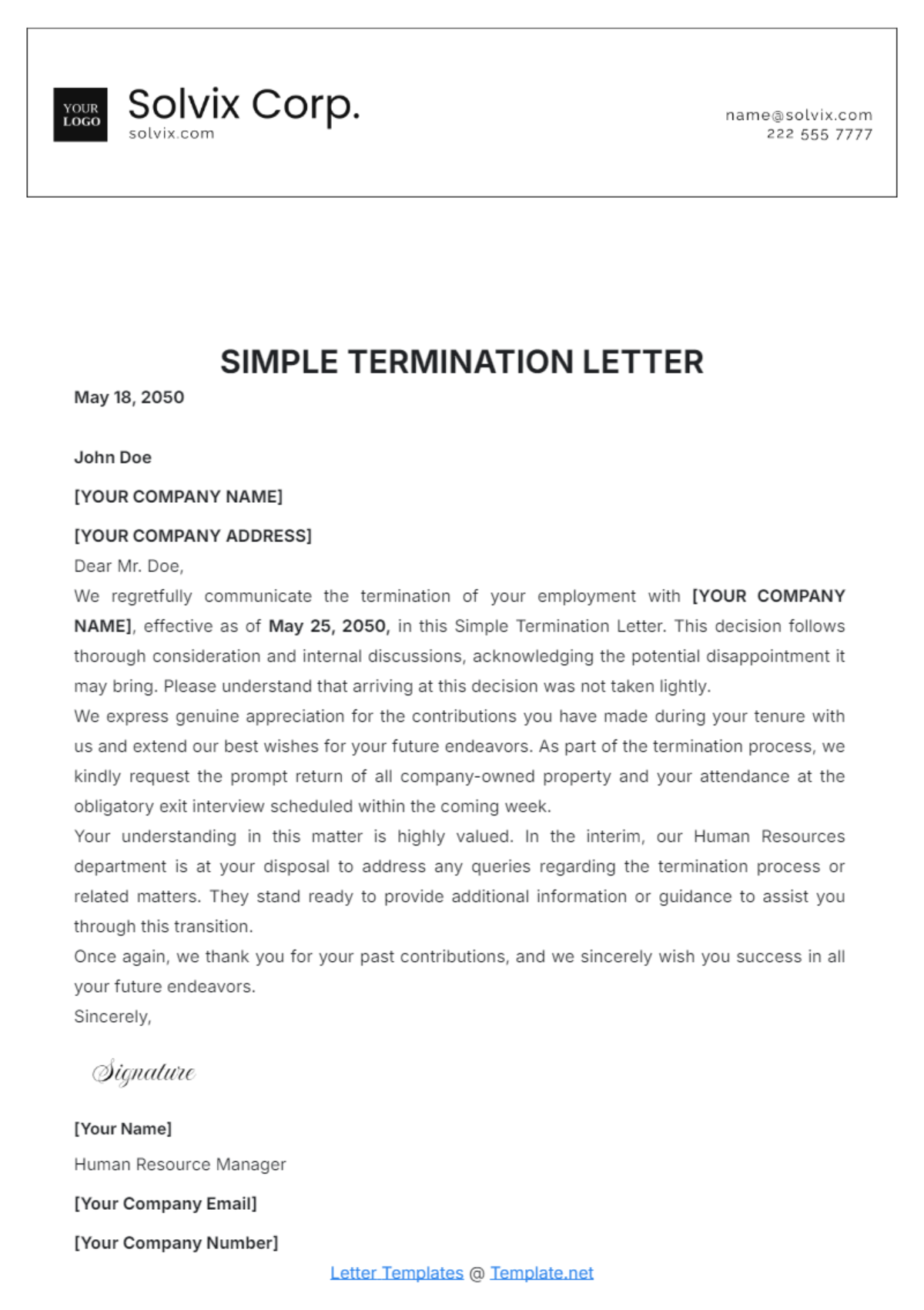 Simple Termination Letter Template