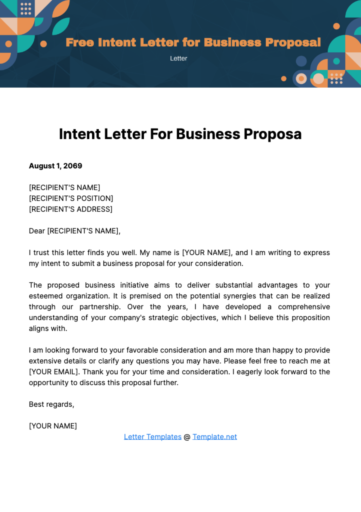 Free Intent Letter for Business Proposal Template
