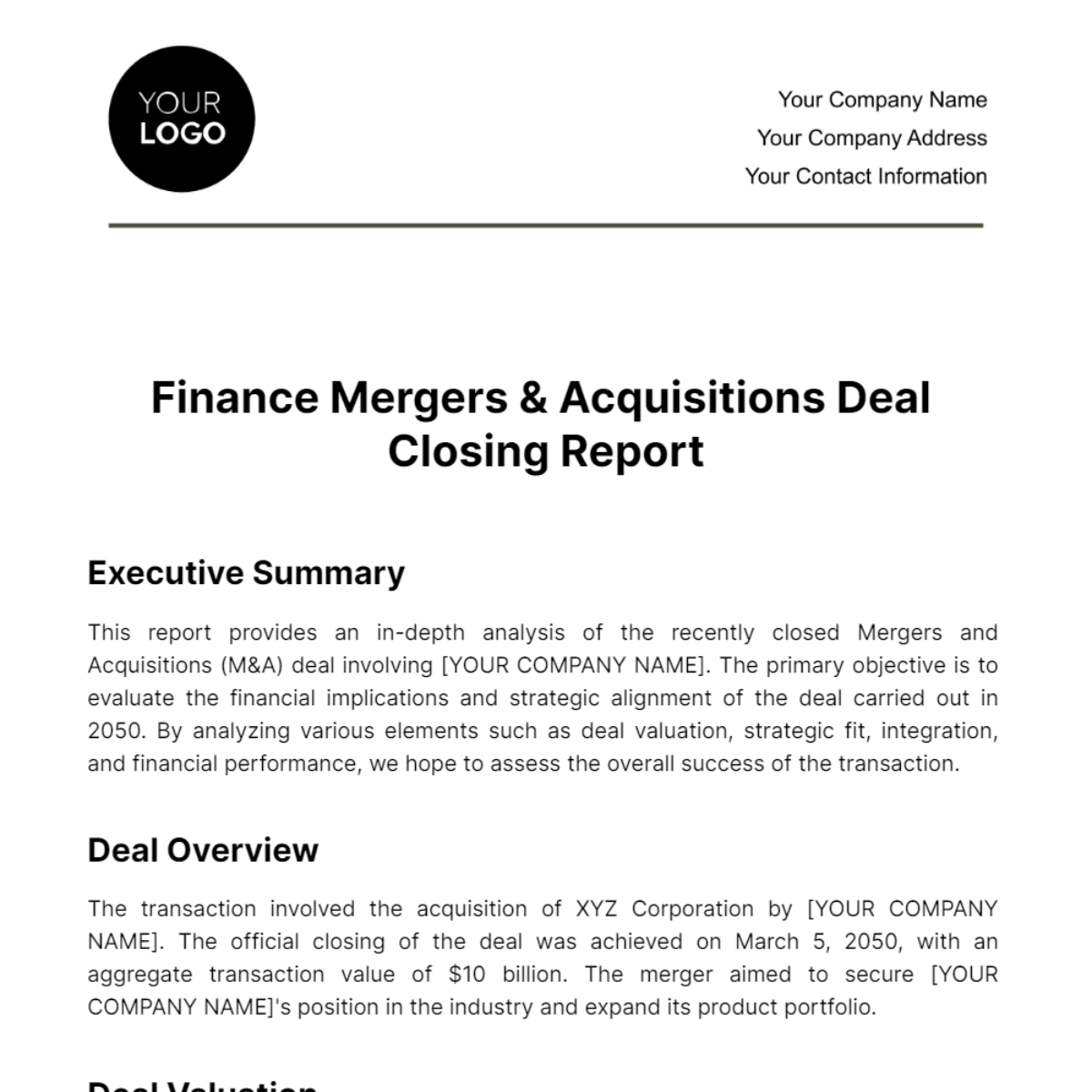 Finance Mergers & Acquisitions Deal Closing Report Template