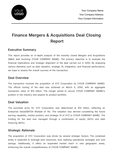 Free Finance Mergers & Acquisitions Deal Closing Report Template to Edit Online
