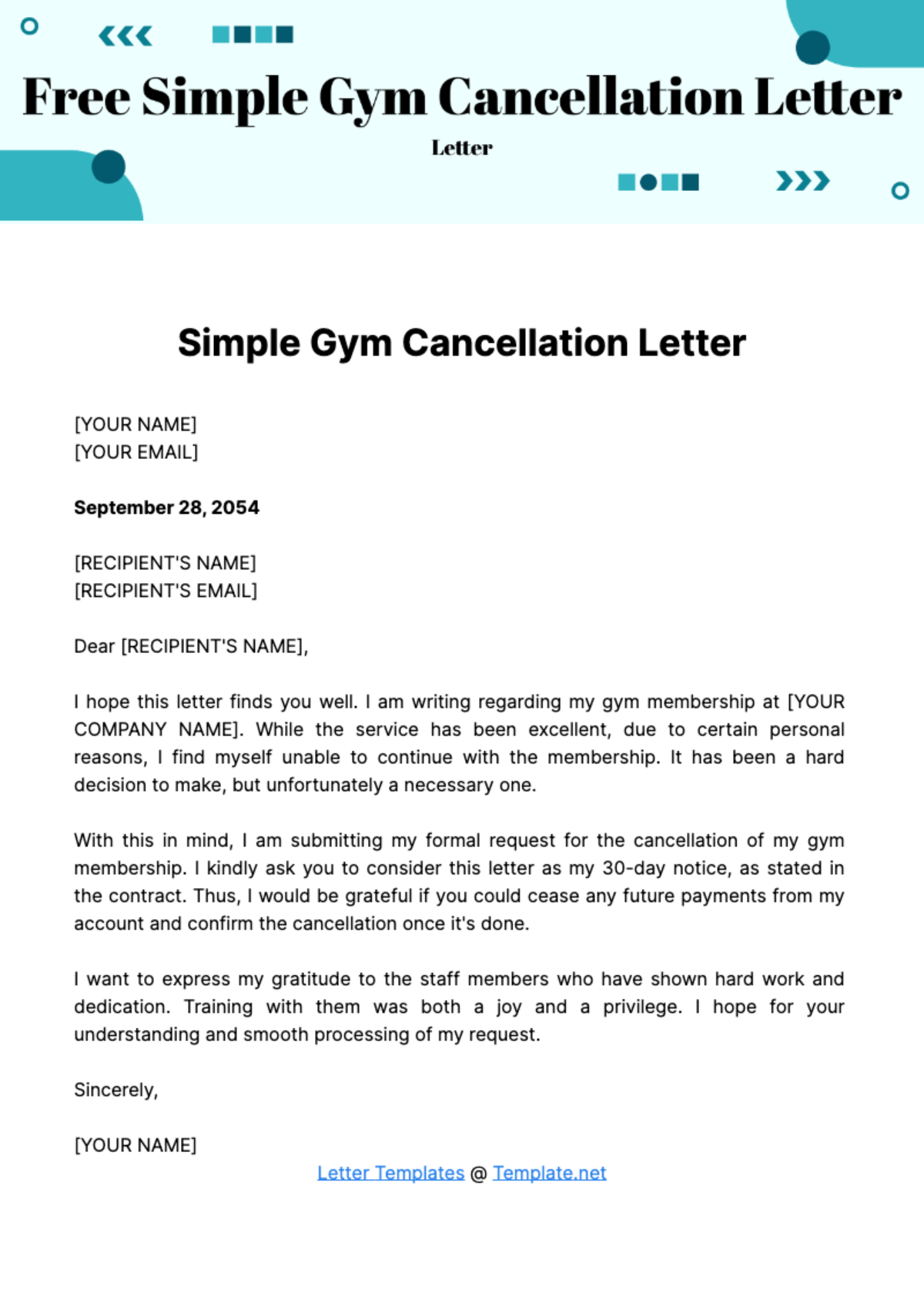 Free Simple Gym Cancellation Letter Template