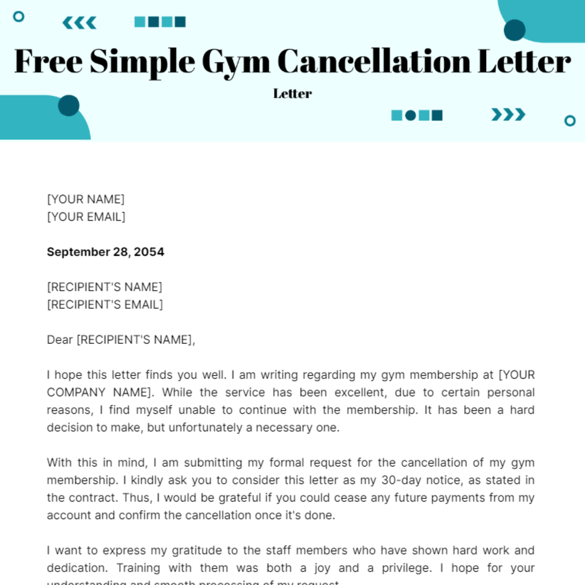 Simple Gym Cancellation Letter Template
