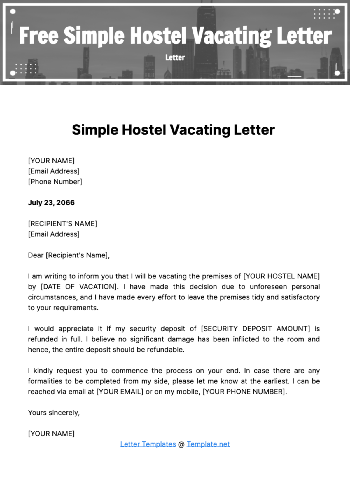 Free Simple Hostel Vacating Letter Template
