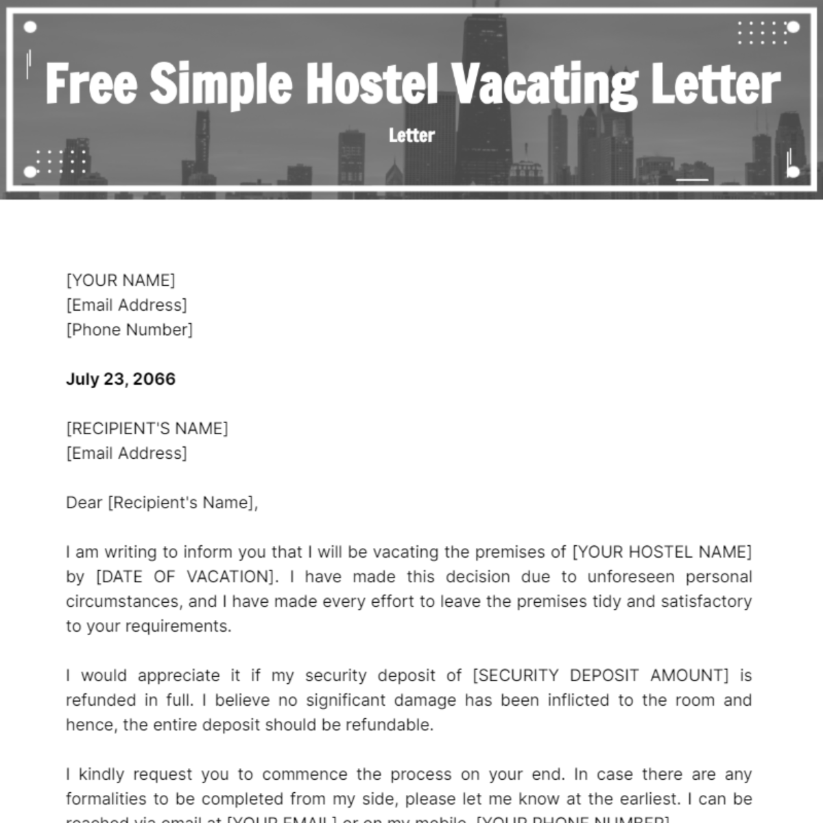 Simple Hostel Vacating Letter Template