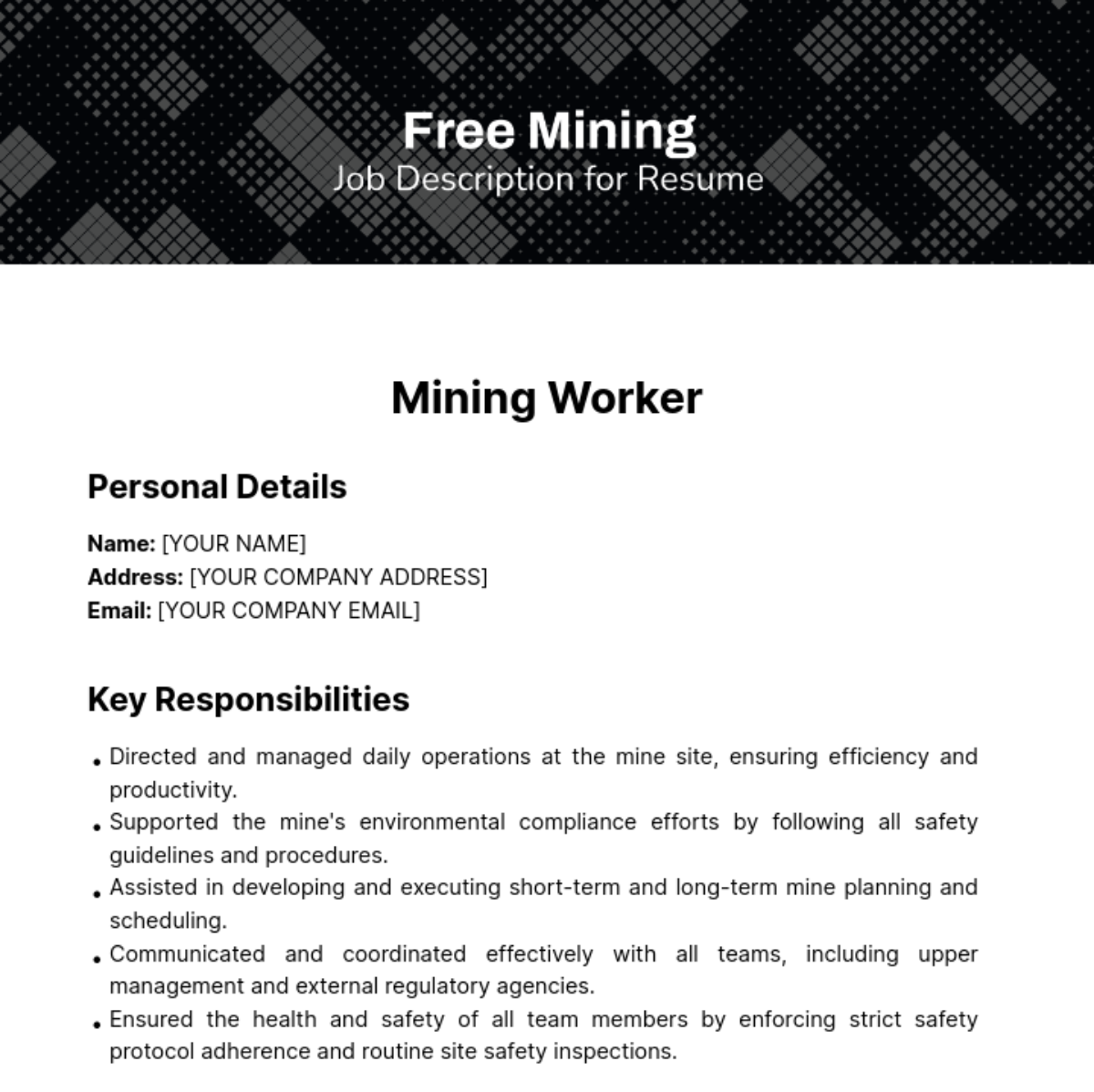 Free Mining Job Description for Resume Template