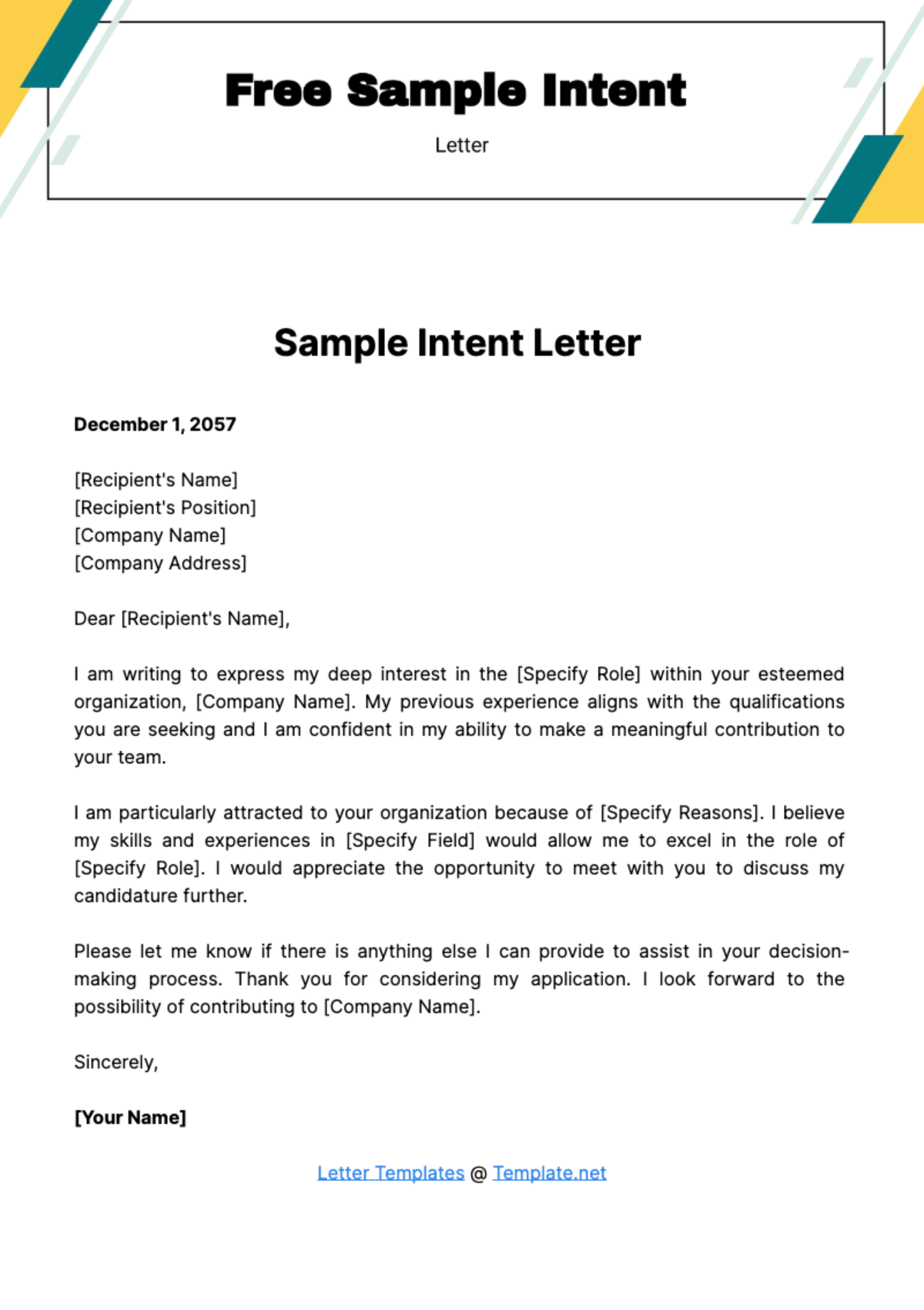 Free Sample Intent Letter Template