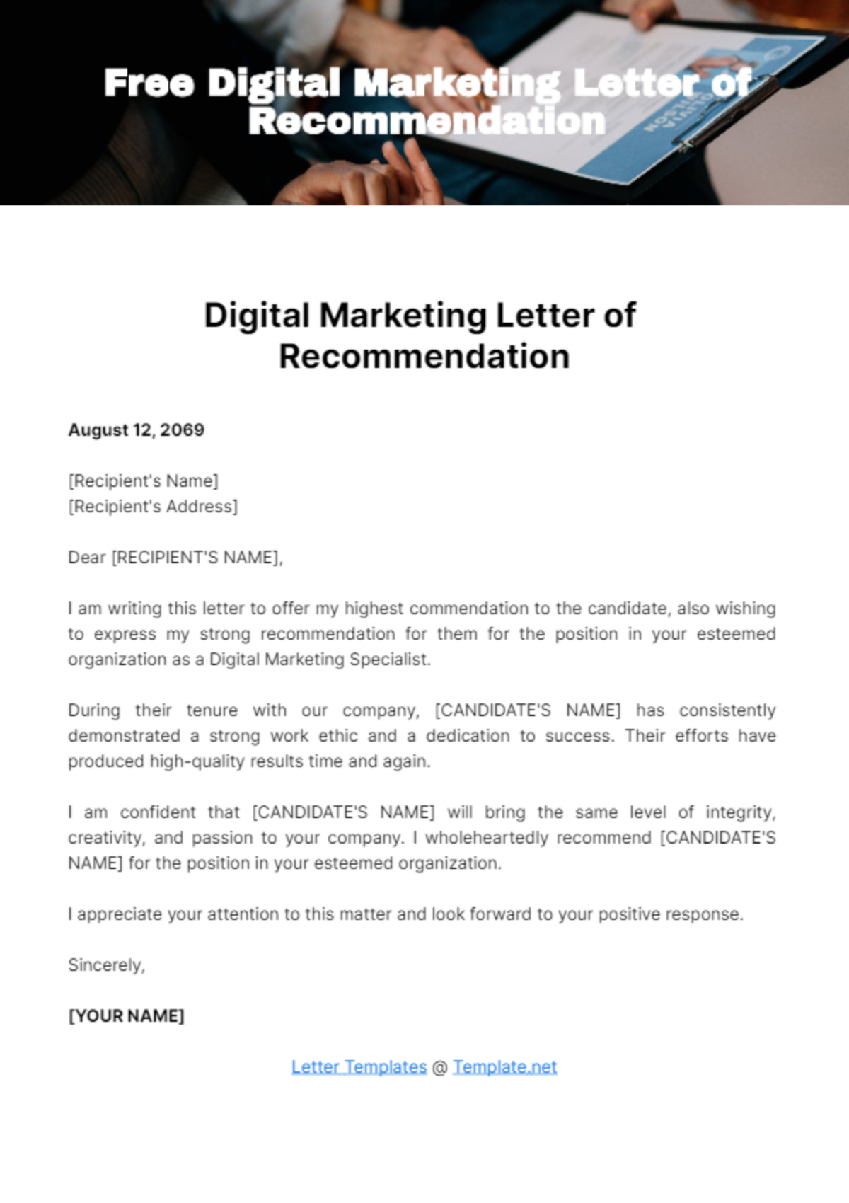 Digital Marketing Letter of Recommendation Template