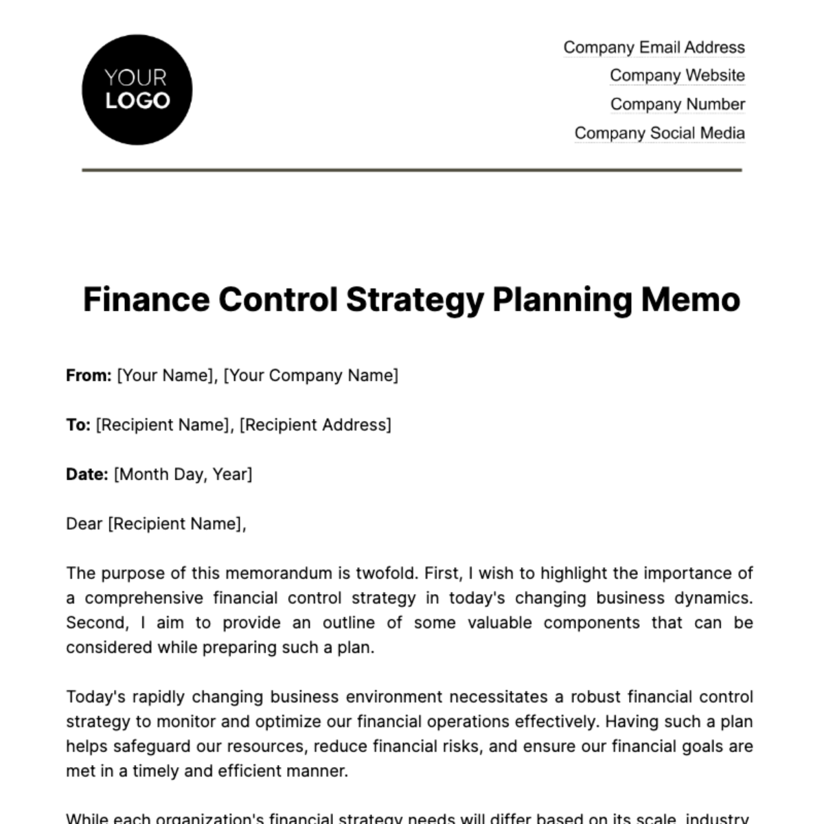 Finance Control Strategy Planning Memo Template