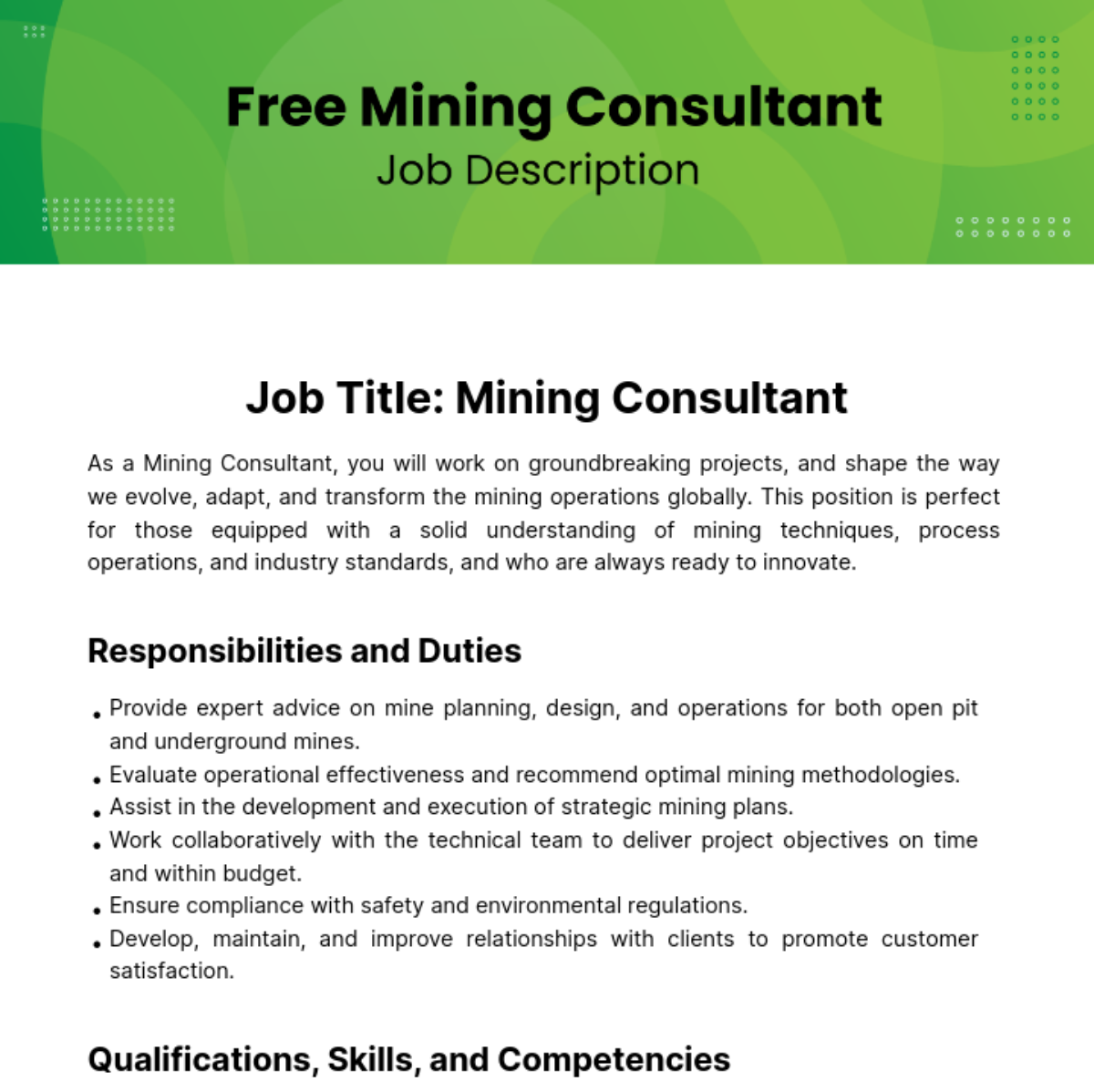 Free Mining Consultant Job Description Template
