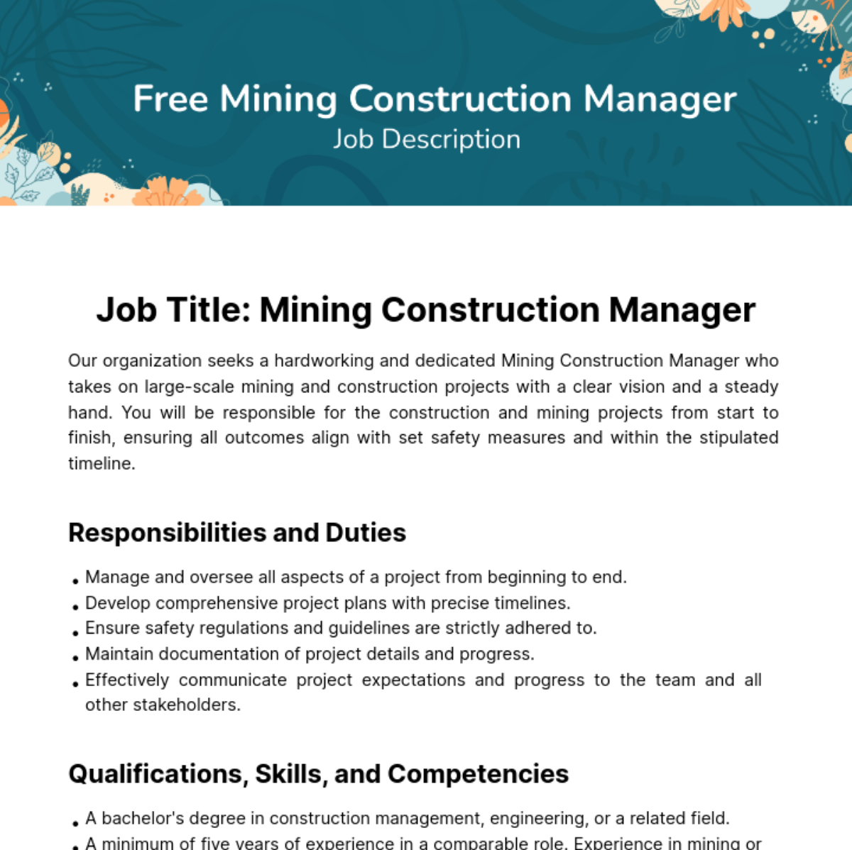 Free Mining Construction Manager Job Description Template