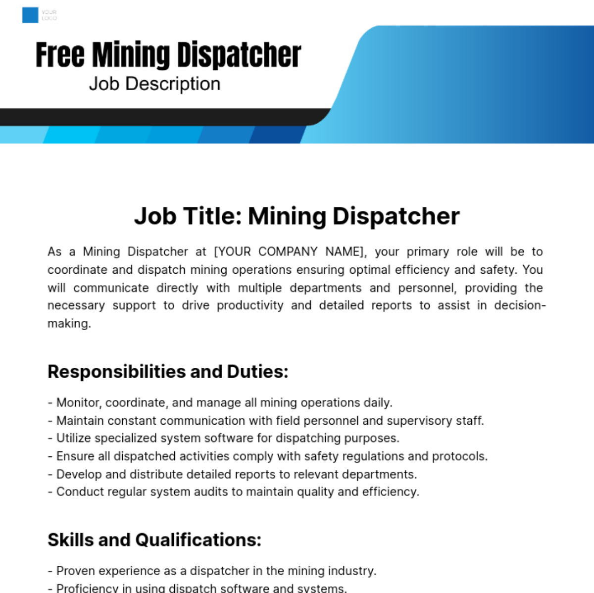 Free Mining Dispatcher Job Description Template