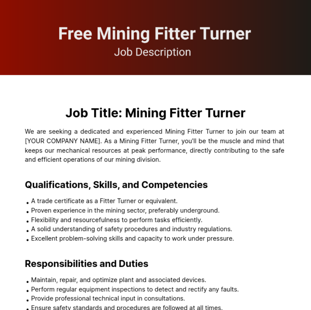 Mining Fitter Turner Job Description Template