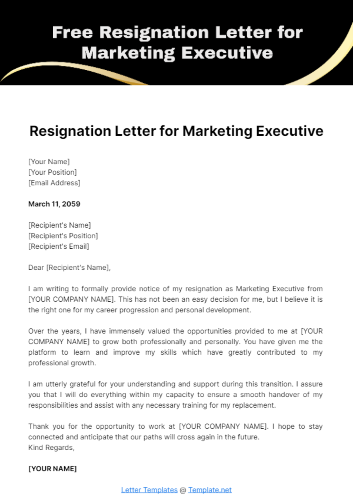 Resignation Letter for Marketing Executive Template