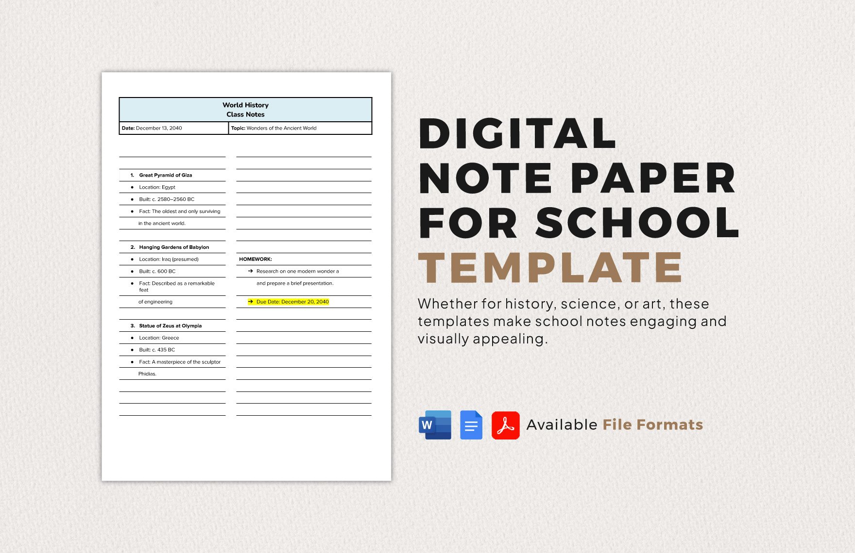 Digital Note Paper for School Template