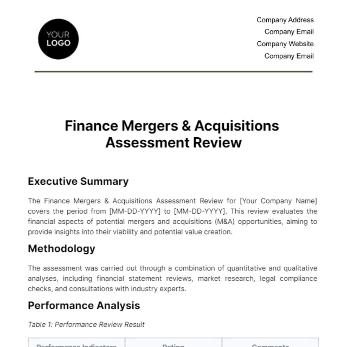 Finance Mergers & Acquisitions Assessment Review Template