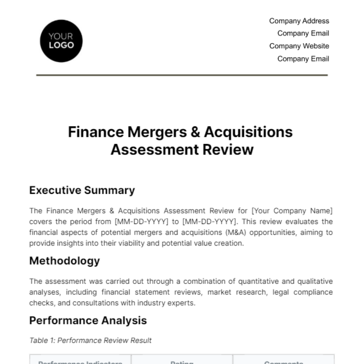 Finance Mergers & Acquisitions Assessment Review Template - Edit Online & Download