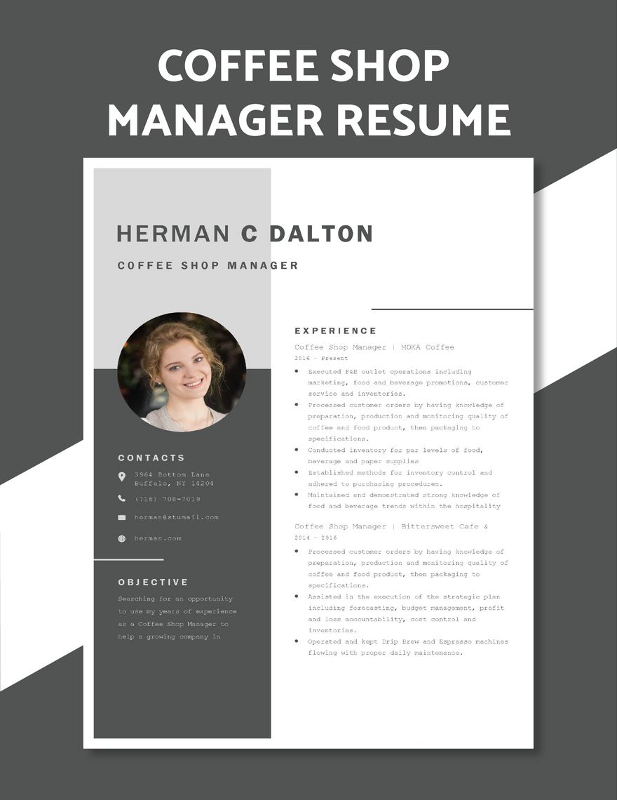 Coffee Shop Manager Resume in Word, Apple Pages