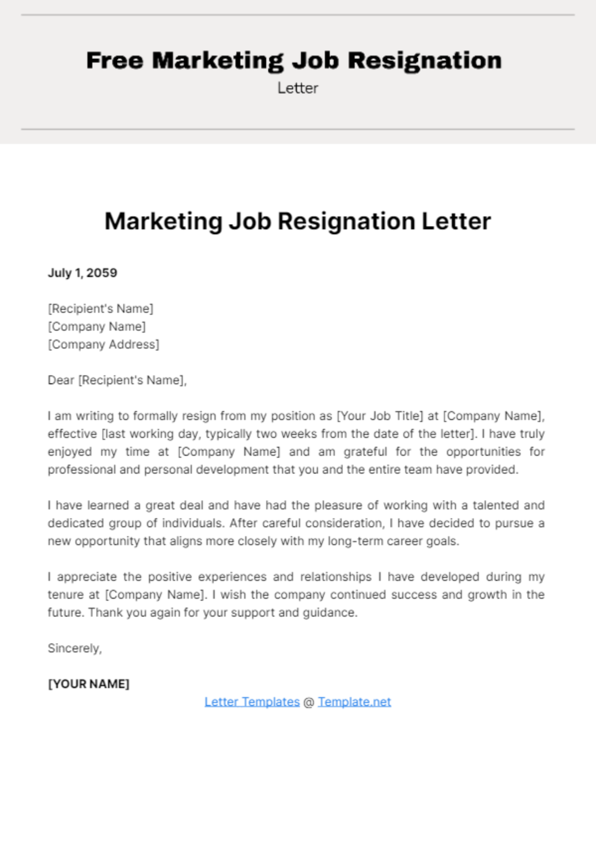 Marketing Job Resignation Letter Template
