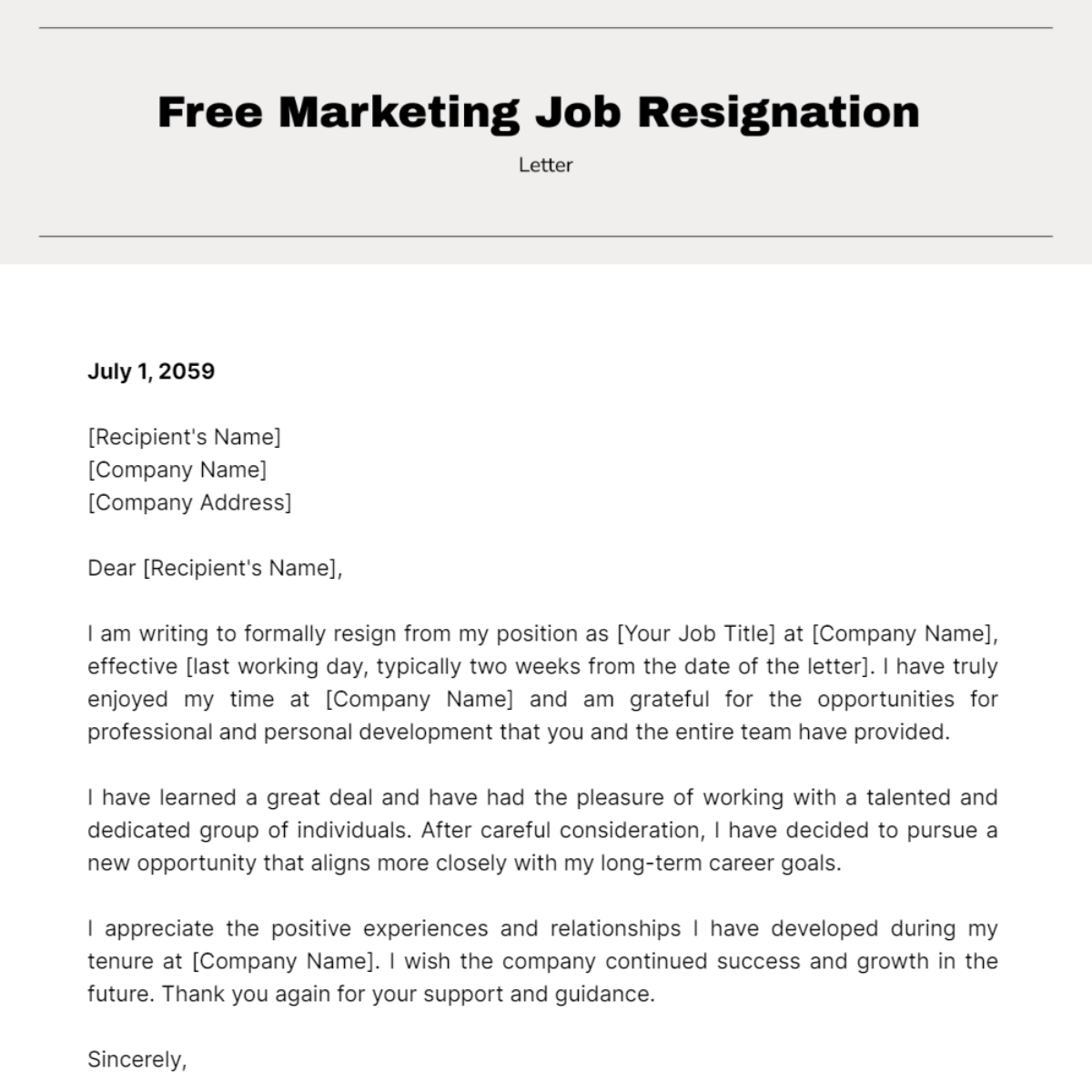 Marketing Job Resignation Letter Template