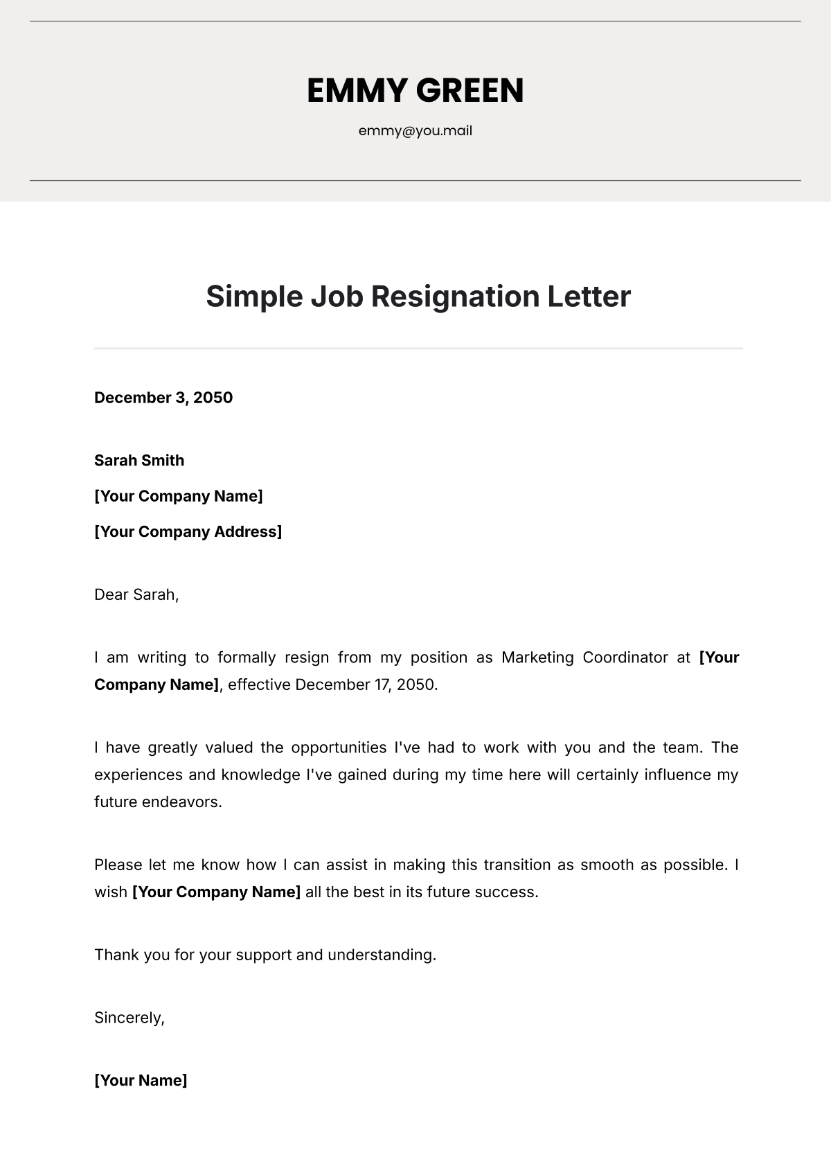 Simple Job Resignation Letter Template - Edit Online & Download